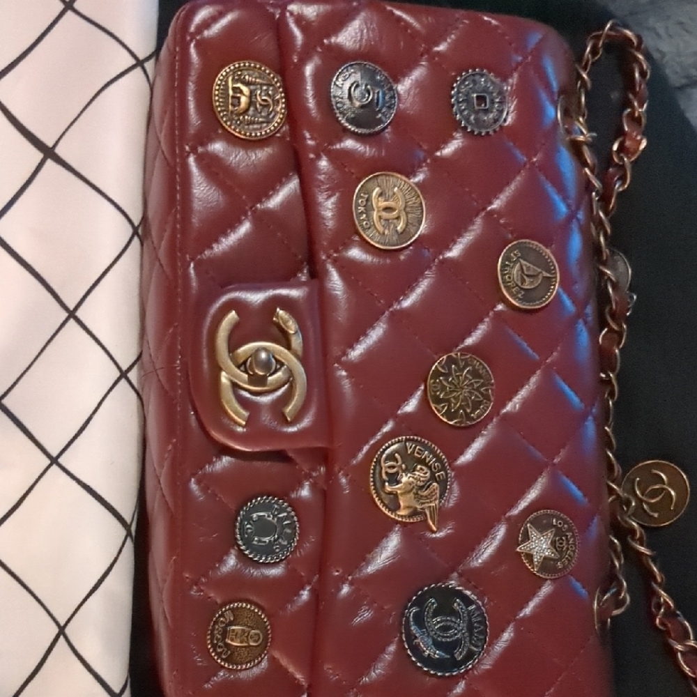 CHANEL Red Quilted Shoulder Bag with Gold Accents